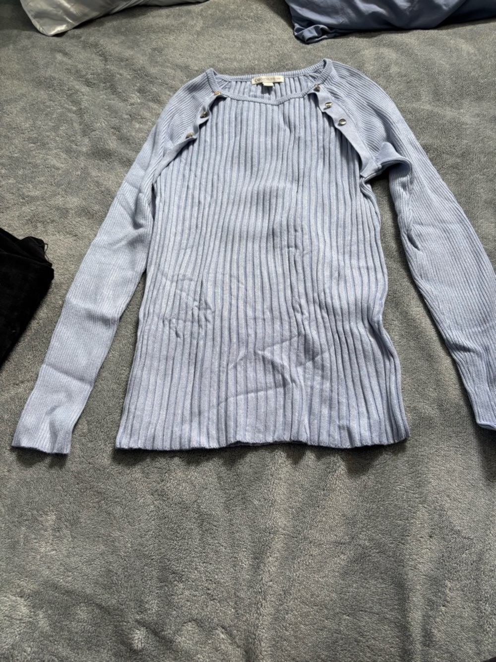 Cato Light Blue Ribbed Button-Shoulder Crewneck Sweater